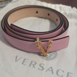 Versace Pink Belt with Gold V Accent